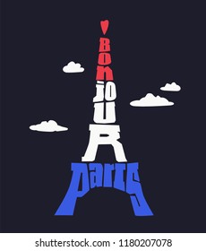 Bonjour Paris. Eiffel tower typography vector illustration. Travel concept.  