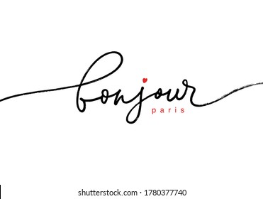 Bonjour Paris ink pen vector lettering. Modern word handwritten vector calligraphy. Hello in French language. Hand drawn black text isolated on white background. Postcard, greeting card, t shirt print
