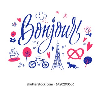 Bonjour Paris phrase. Modern lettering calligraphy. Perfect design for greeting cards, posters, T-shirts, banners, print invitations.