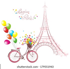 Bonjour Paris texto con torre y bicicleta. Postal romántica de París. Ilustración vectorial.