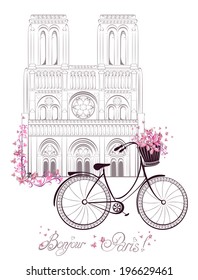 Bonjour Paris text with Notre Dame de Paris Cathedral and bicycle. Romantic postcard from France. Vector illustration.