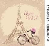 Bonjour Paris text with tower eiffel and bicycle. Romantic postcard from Paris. Vector illustration.