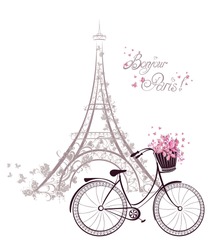 Бонжур Париж текст с эйфелем башни и велосипеда. Романтическая открытка из Парижа. Векторная иллюстрация.