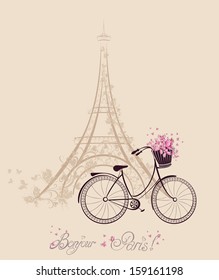 Bonjour Paris text with tower eiffel and bicycle. Romantic postcard from Paris. Vector illustration.