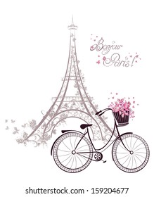 Bonjour Paris text with tower eiffel and bicycle. Romantic postcard from Paris. Vector illustration.