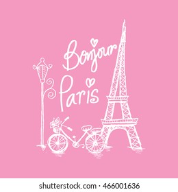 Bonjour Paris text with tower eiffel and bicycle.