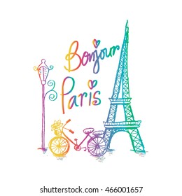 Bonjour Paris Text mit Tower Eiffel und Fahrrad.