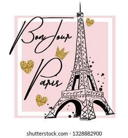 Bonjour Paris . Typography graphic print, Abstract fashion drawing for t-shirts. creative design for girls. Illustration in modern style for clothes. Girlish print