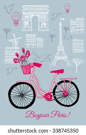 Bonjour Paris vector card. Sketch illustration of Paris landmarks and red bicycle
  