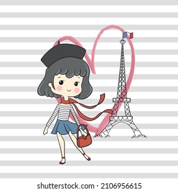 bonjour paris vector,Fashion illustration of young girl in in front of Eiffel Tower in France. Romantic vector 