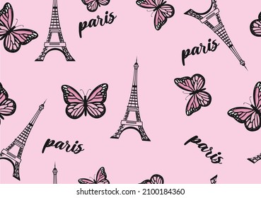 bonjour Paris wallpapers etc concept with Eiffel Tower, seamless pattern ,texture background fashion graphics, textile prints, decors, hearts star