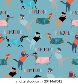 Bonjour.  Seamless pattern of pets like puppies and kittens and bonjour lettering. Vector illustration 