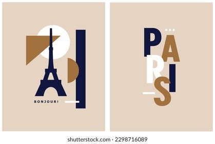 Bonjour. Einfache abstrakte Vektorgrafik mit Gold, Weiß und Dunkelblau "Paris" und Eiffelturmsymbol auf düster beigem Hintergrund. Modernes Stadtbild von Paris ideal für Poster, Wall Art.