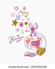 bonjour slogan with colorful flowers in vintage perfume bottle and gold glitter vector illustration, bonjour is a French word meaning "hello"