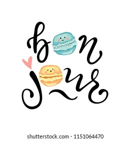 Bonjour slogan vector print with cute macaroons. For t-shirt or other uses,T-shirt graphics / textile graphic. Design element for poster, banner, greeting card