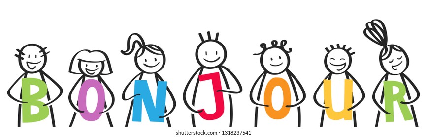 BONJOUR, smiling group of stick figures holding colorful letters, welcome address, french kids saying hello