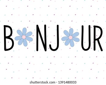 bonjour text flower text color polka pattern girl tee illustration art vector 
