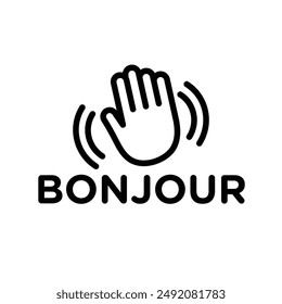 Bonjour text with hand wave icon linear logo mark in black and white