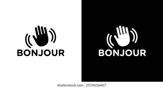 Bonjour text with hand wave icon linear logo isolated