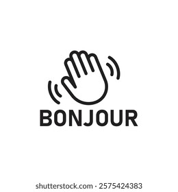 Bonjour text with hand wave icon Simple thin outline