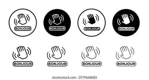 Bonjour text with hand wave icon Outline thin set pack series