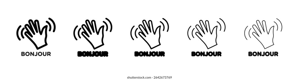 Texto de Bonjour con el icono de la onda de la mano Vector aislado en el conjunto del fondo blanco