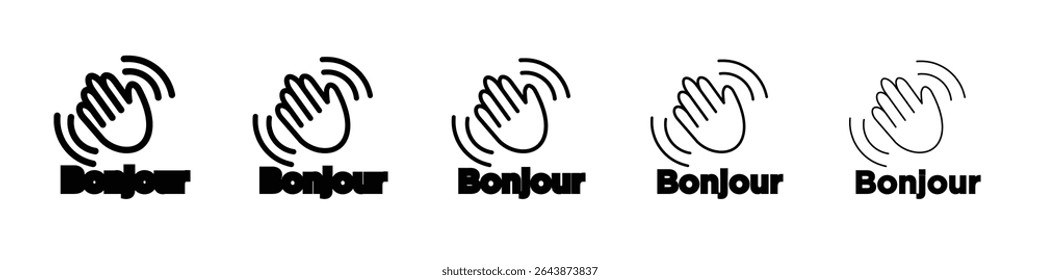 Bonjour text with hand wave icon black and white vector sign