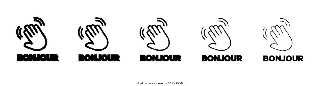 Bonjour text with hand wave icon flat illustration set logo