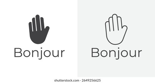 Bonjour text with hand wave icon Line graphics illustration