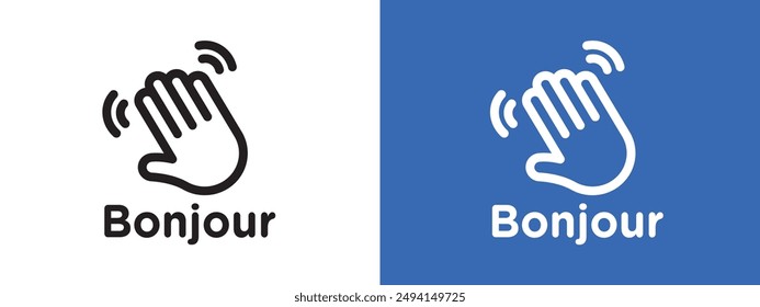 Bonjour text with hand wave logo sign set vector outline