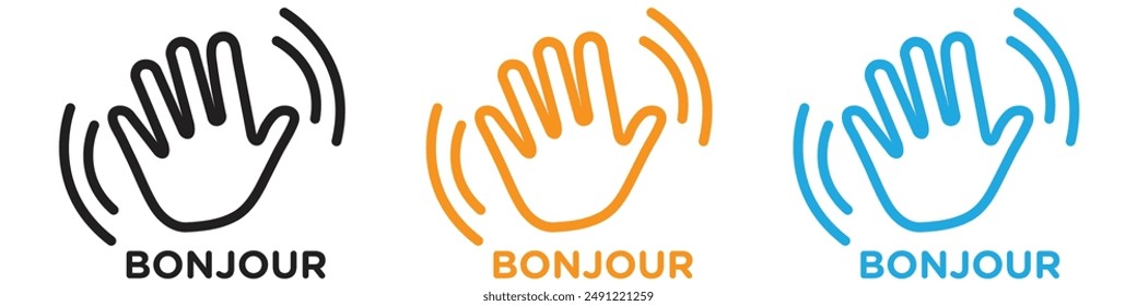 Bonjour text with hand wave vector logo set collection for web app ui