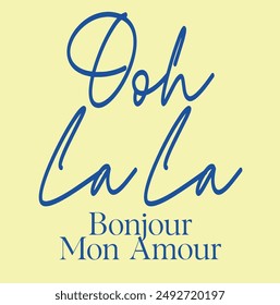 Bonjour  vector calligraphy isolated on yellow background. Hand drawn ink lettering. Hello phrase in French. Modern brush calligraphy. T shirt decorative print. 