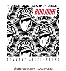 Bonjour. Vector hand drawn illustration of human mouth with tongue. Template for card, poster, banner, print for t-shirt, pin, badge, patch.