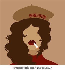 Bonjour. Vector hand drawn illustration of frenchwoman in beret with cigarette isolated.  Creative artwork. Template for card, poster, banner, print for t-shirt, pin, badge, patch.