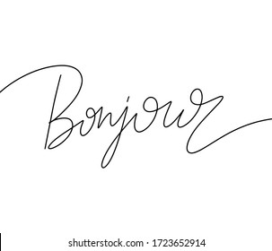 Bonjour. Vector hand drawn lettering  isolated. Template for card, poster, banner, print for t-shirt, pin, badge, patch.