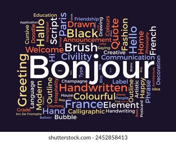 Bonjour word cloud template. Greeting concept vector background.