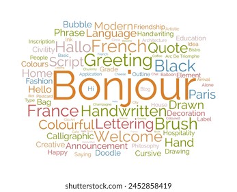 Bonjour Plantilla de nubes de palabras. Fondo de Vector de concepto de saludo.
