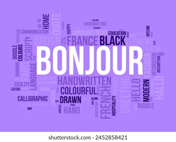 Bonjour Plantilla de nubes de palabras. Fondo de Vector de concepto de saludo.