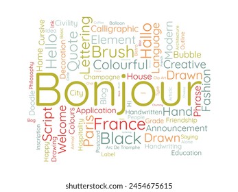 Bonjour word cloud template. Greeting concept vector background.