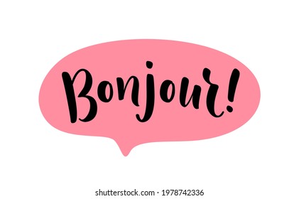 Bonjour word lettering. French hello text. Hand drawn bonjour quote. Brush calligraphy phrase. Vector illustration for print on shirt, card, poster etc. Black and white.