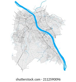 Bonn, North Rhine-Westphalia, Germany high resolution vector map with city boundaries and editable paths. White outlines for main roads. Many detailed paths. Blue shapes and lines for water.