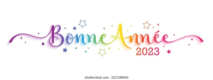 BONNE ANNEE 2023 (HAPPY NEW YEAR 2023 in French) colorful vector brush calligraphy banner with stars