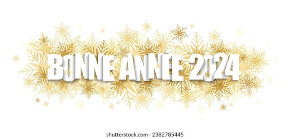 BONNE ANNEE 2024! (HAPPY NEW YEAR 2024! in French) vector typography banner with gold snowflakes on white background