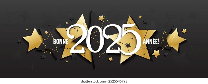 BONNE ANNEE 2025 (FELIZ ANO NOVO 2025 em francês) banner de tipografia vetorial preto e dourado