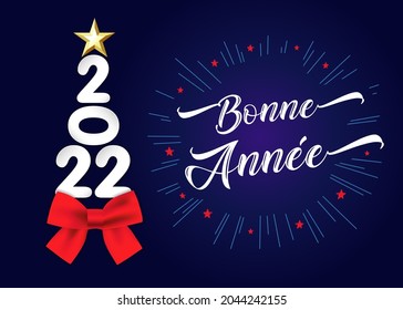 Bonne Annee french text - Happy New Year 2022 elegant calligraphy card. Paper tree number, golden star and red bow, vector illustration for France holiday greeting banner or poster