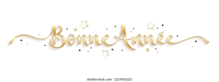 BONNE ANNEE (HAPPY NEW YEAR in French) metallic gold brush calligraphy banner on white background