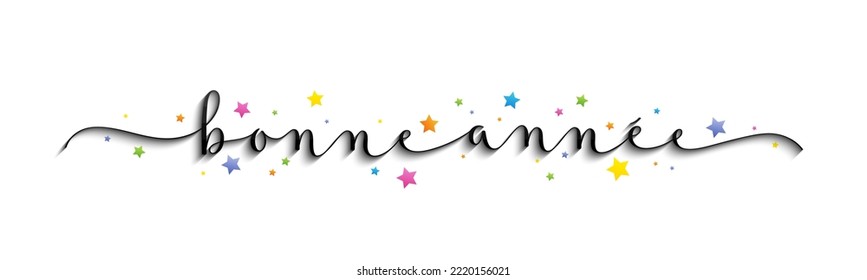 BONNE ANNEE (HAPPY NEW YEAR in French) black vector brush calligraphy banner with colorful stars on white background