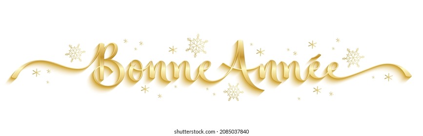 BONNE ANNEE metallic gold vector brush calligraphy banner with snowflakes on white background (HAPPY NEW YEAR in French)