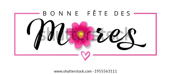 Bonne fete des Meres French text for Mothers\
Day, flower and calligraphy banner. Elegant quote for web poster,\
with Mother\'s Day Frenchy lettering and flower in pink frame.\
Vector illustration