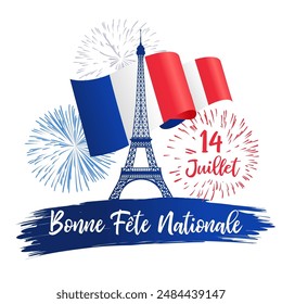 Bonne Fete Nationale, 14 Juillet french lettering banner. Translation -  Happy National Day, July 14. Vector travel concept from France with Eiffel tower and fireworks